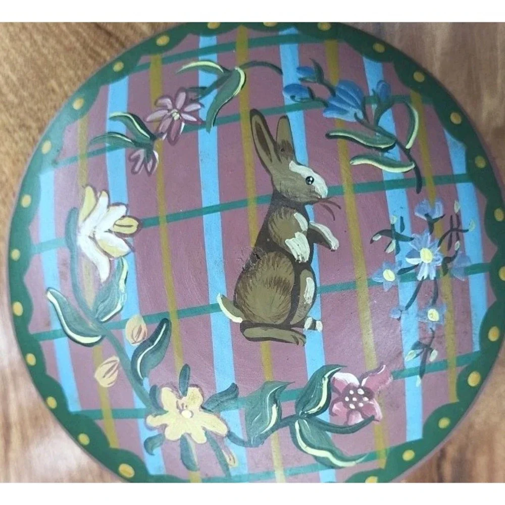 Vtg 90s Hallmark Easter Wooden‎ Trinket Box Bunny Rabbit Floral Painted Jewelry